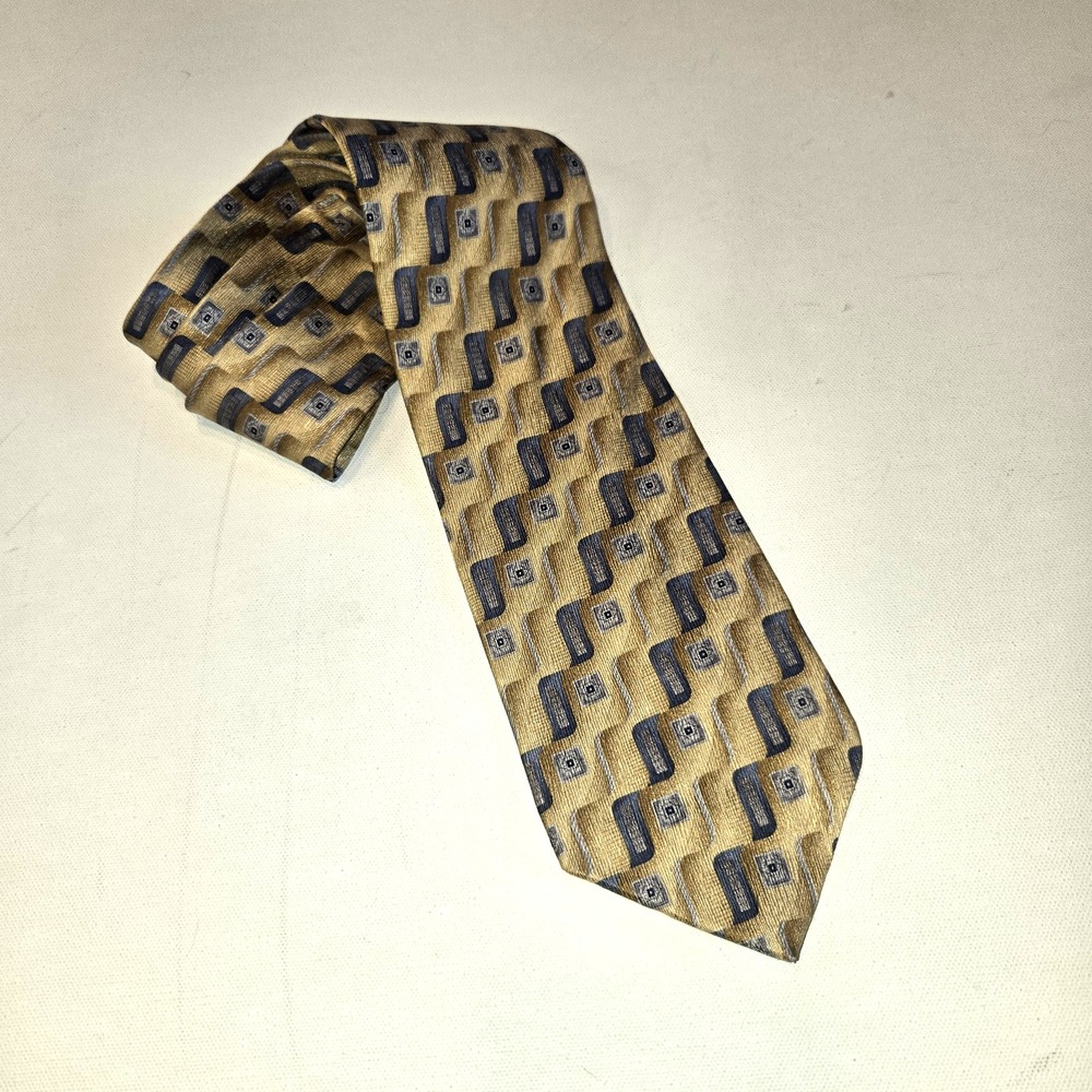 Haggar 100% Silk Gold and Blue‎ Geometric Pattern Necktie